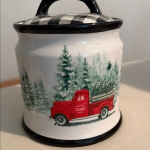 Holiday Ceramic Jar with Red Truck Design